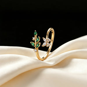 Emerald Green Leaf Vine Butterfly Bypass Ring