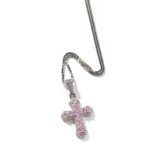 Iced Out Pink CZ Cross Box Chain Necklace