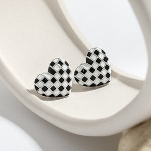 Checkerboard Enamel Heart Stud Earrings