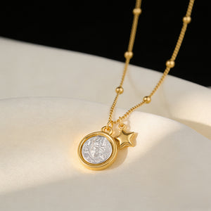 Two-Tone Medallion Coin Star Charm Necklace