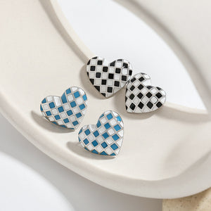 Checkerboard Enamel Heart Stud Earrings
