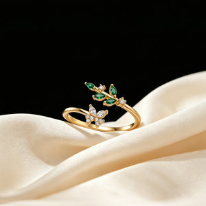Emerald Green Leaf Vine Butterfly Bypass Ring