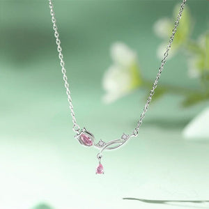 Pink Tulip Flower Horizontal Charm Necklace
