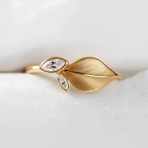 Dainty Brushed Leaf Marquise CZ Band Ring