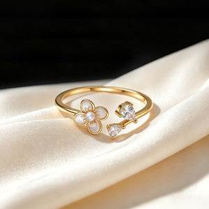 Mother of Pearl Floral CZ Leaf Adjustable Ring