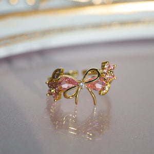 Pink CZ Bow Knot Flower Leaf Adjustable Ring