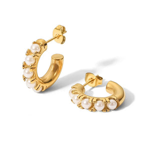 Minimalist Gold Pearl Half Hoop Earrings