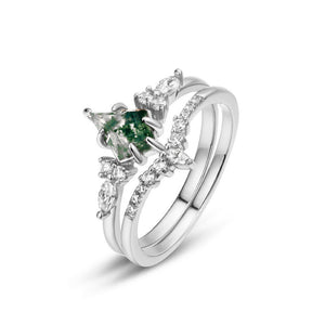 Kite-Cut Moss Agate Crystal Crown Ring Set