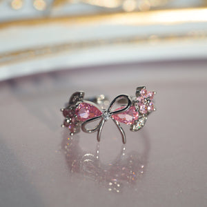 Pink CZ Bow Knot Flower Leaf Adjustable Ring