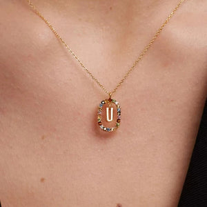 Rainbow CZ Oval Initial Letter Halo Necklace
