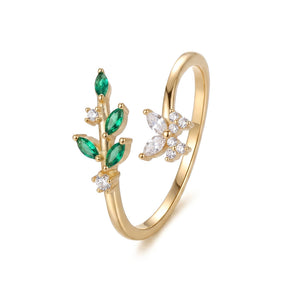 Emerald Green Leaf Vine Butterfly Bypass Ring