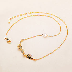 Asymmetric Wave Ribbon Pearl Lariat Necklace