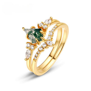 Kite-Cut Moss Agate Crystal Crown Ring Set