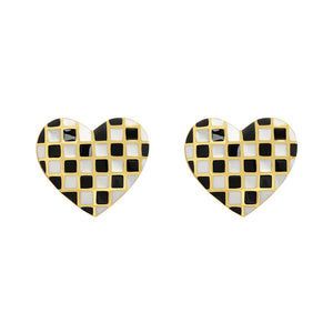 Checkerboard Enamel Heart Stud Earrings