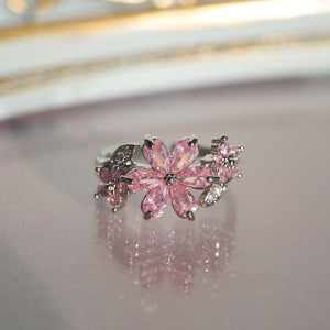 Pink CZ Cherry Blossom floral Leaf Warp Ring