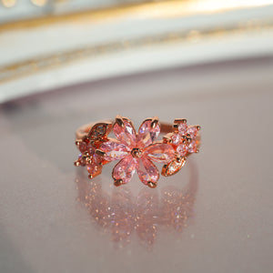 Pink CZ Cherry Blossom floral Leaf Warp Ring