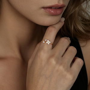 Mother of Pearl Floral CZ Leaf Adjustable Ring