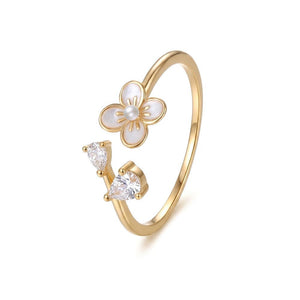 Mother of Pearl Floral CZ Leaf Adjustable Ring