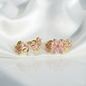 Pink CZ Cherry Blossom floral Leaf Warp Ring