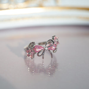 Pink CZ Bow Knot Flower Leaf Adjustable Ring