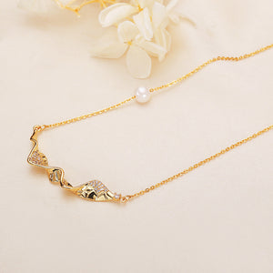 Asymmetric Wave Ribbon Pearl Lariat Necklace
