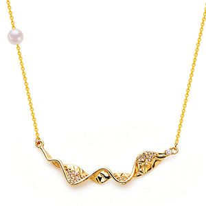 Asymmetric Wave Ribbon Pearl Lariat Necklace
