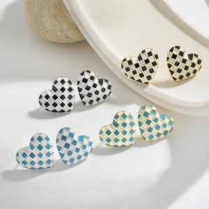 Checkerboard Enamel Heart Stud Earrings