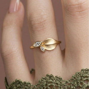 Dainty Brushed Leaf Marquise CZ Band Ring