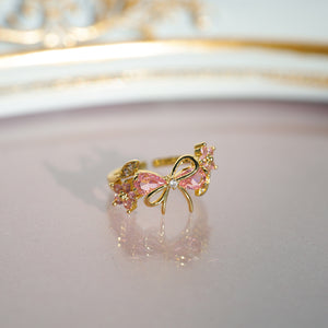 Pink CZ Bow Knot Flower Leaf Adjustable Ring