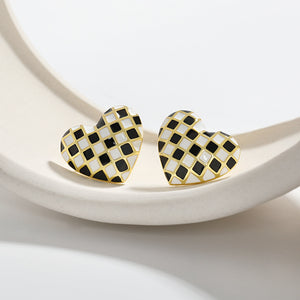 Checkerboard Enamel Heart Stud Earrings