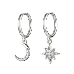 Asymmetric Moon Star Drop Hoop Earrings