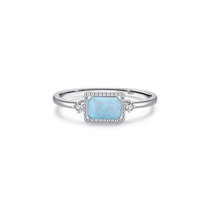 Dainty Blue Rectangular Opal Halo Band Ring
