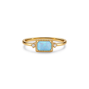 Dainty Blue Rectangular Opal Halo Band Ring