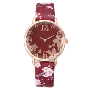 Pink Flower 34 mm Round Leather Watch