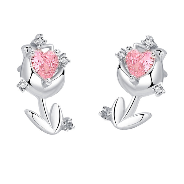 Pink Flower Moon Heart Stud Earrings