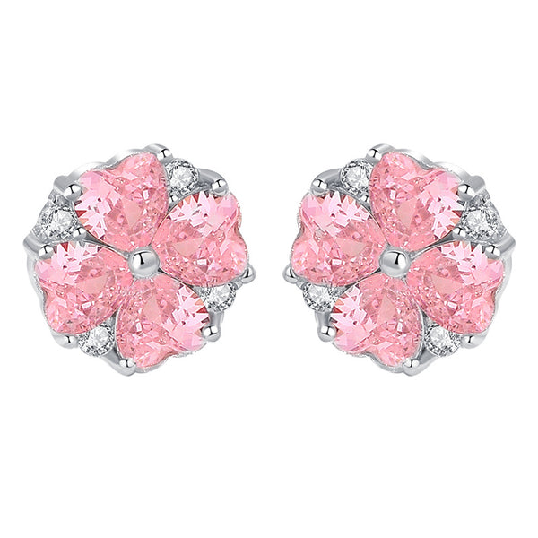 Pink Flower Moon Heart Stud Earrings