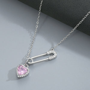 Color Gemstone Heart Safety Pin Necklace