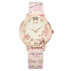 Pink Flower 34 mm Round Leather Watch