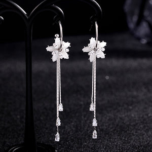 Dainty Crystal Flower Tassel Drop Earrings