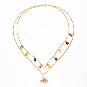 Planet Saturn Charm Double Chain Necklace