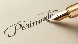 Fountain pen writing the word 'Perimade' on beige paper