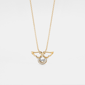 Gold necklace with a pendant featuring a pearl on a light gray background