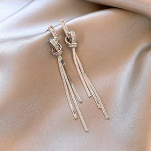 Baguette Crystal Knot Fringe Drop Earrings - Perimade & Co.