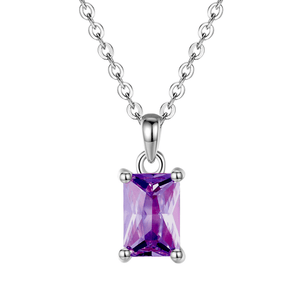 Silver necklace with a purple gemstone pendant on a white background