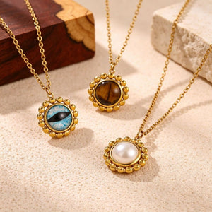 Beaded Halo Round Stone Pendant Necklace - Perimade & Co.