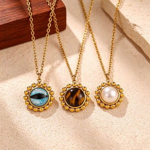 Beaded Halo Round Stone Pendant Necklace - Perimade & Co.