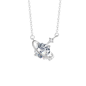 Silver necklace with a circular pendant on a white background