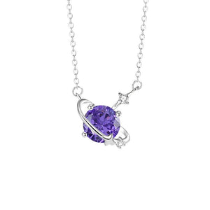 Silver necklace with a purple heart-shaped gemstone on a white background