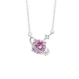 Necklace with a pink heart-shaped gemstone on a white background