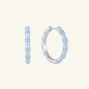 Blue Enamel Bamboo Joint Pave Hoop Earrings - Perimade & Co.